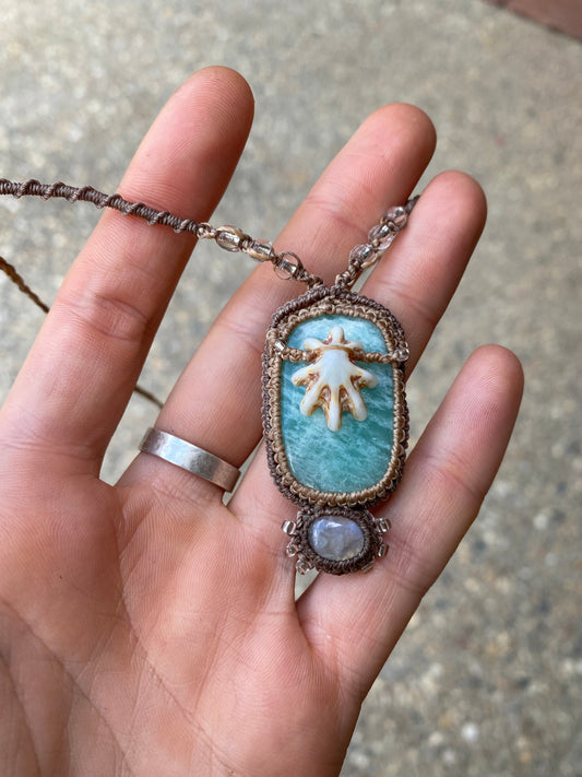 Rainbow Moonstone & Amazonite Shell Amulet | Mermaid Dreams