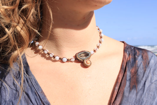 Aquamarine, Double Terminated Quartz & Shell Amulet | Mermaid Dreams