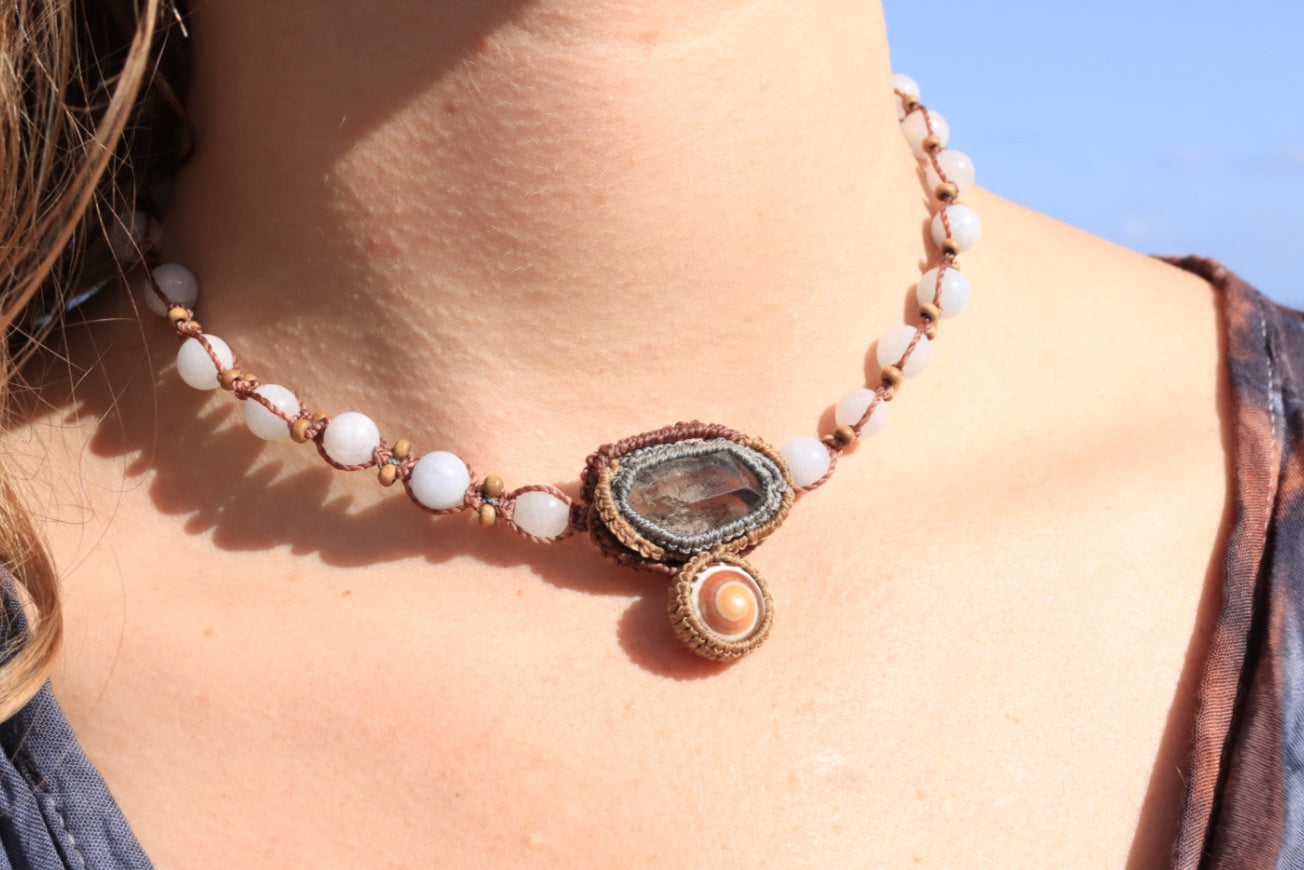Aquamarine, Double Terminated Quartz & Shell Amulet | Mermaid Dreams