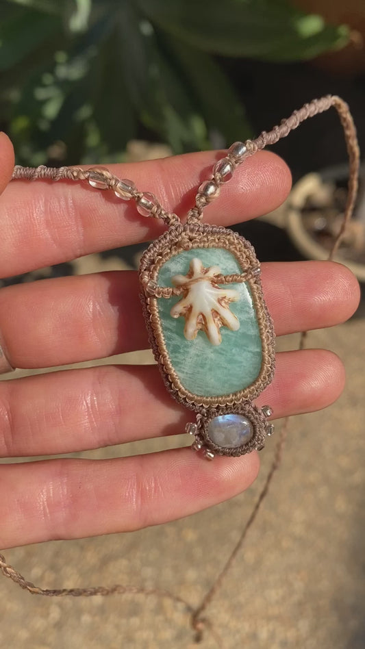 Rainbow Moonstone & Amazonite Shell Amulet | Mermaid Dreams